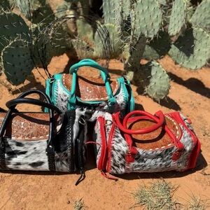 Cowhide Accent Satchel Handbag with Tooled Leather Trim - Red, Turquoise, Black